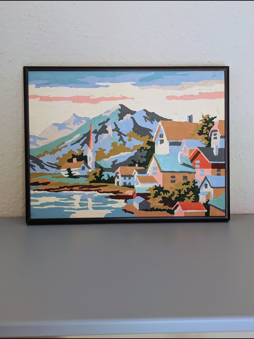 Vintage Paint-By-Numbers Framed Coastal Village Artwork